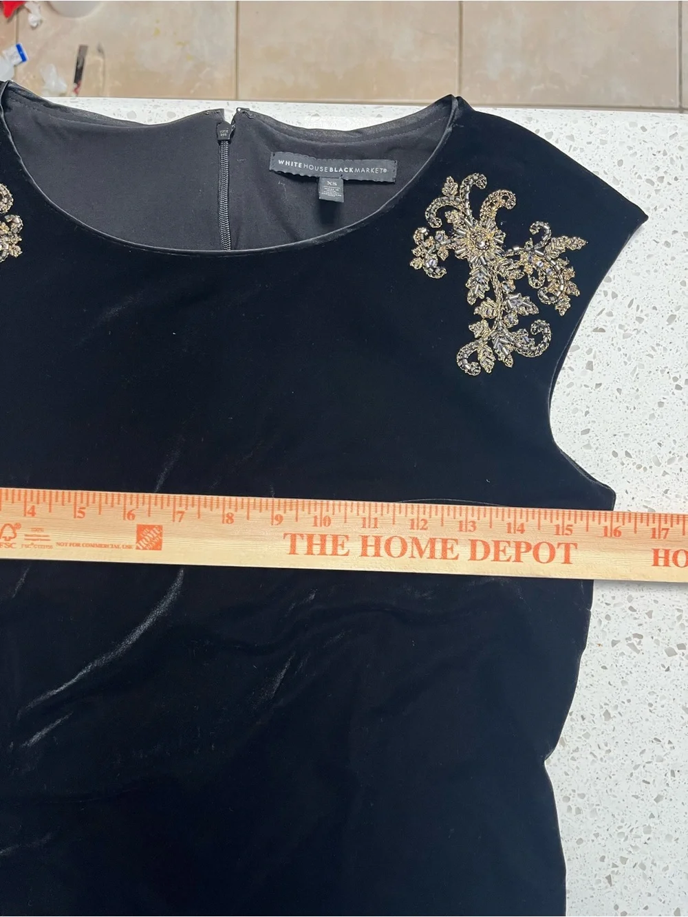 White House Black Market Black Velvet Mini Dress with Gold Appliqué - Picture 6 of 8